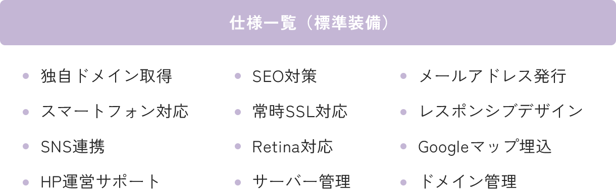 仕様一覧。独自ドメイン取得、スマートフォン対応、SNS連携 、HP運営サポート、SEO対策、 
常時SSL対応 、Retina対応、サーバー管理、メールアドレス発行、レスポンシブデザイン、Googleマップ埋込、ドメイン管理